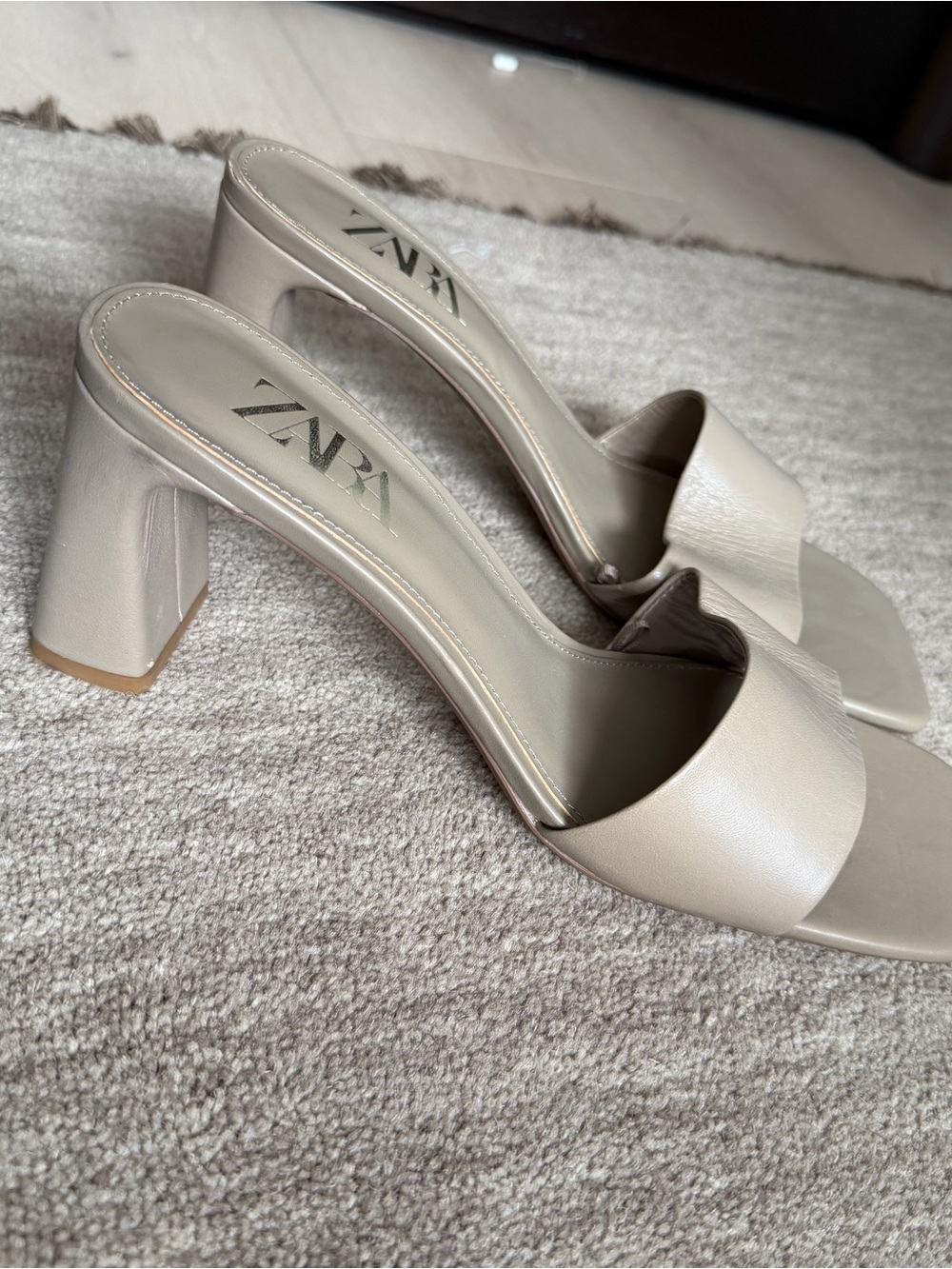 Zara Taupe Wide Strap Block Heel Mules